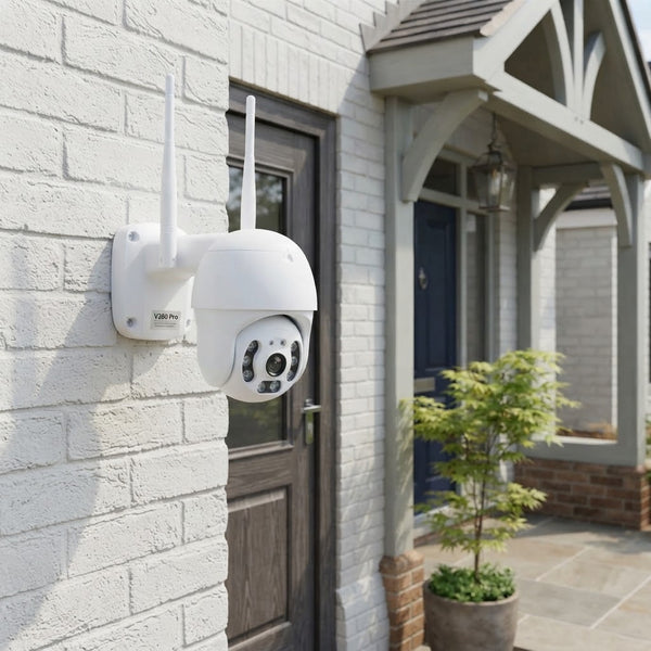 V380 Pro PTZ Outdoor Security Camera mounted on a white brick wall near a front door, providing surveillance.
