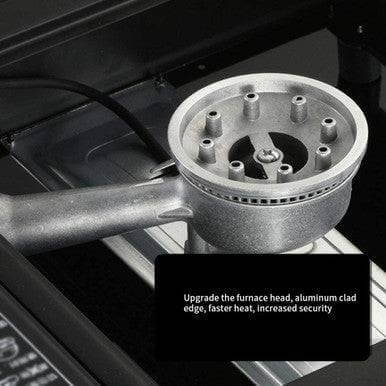 Close-up of the burner head of a Compact Portable Gas Camping Stove with aluminum clad edge for efficient cooking.