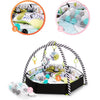Baby Educational Playmat with bright patterns, toys, and different textures for sensory development and play.