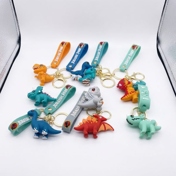 3D Cartoon Dinosaur Keychain collection featuring colorful dinosaur designs and keyrings.