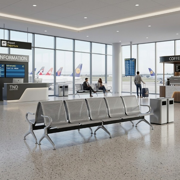 Heavy-Duty Stainless Steel Public Seating Bench in an airport waiting area, designed for durability and public use.