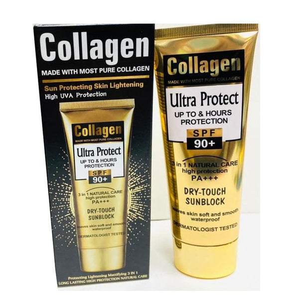 Collagen 60+ SPF Dry Touch Sunblock Cream 100ml in packaging, offering sun protection and skin nourishment.