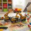 Engineering Excavator and Crane Truck Toy Set on a colorful play mat with building blocks and toys.