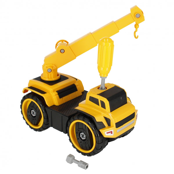 DIY Crane Truck with Light and Sound toy featuring a yellow crane and interactive parts for hands-on learning.