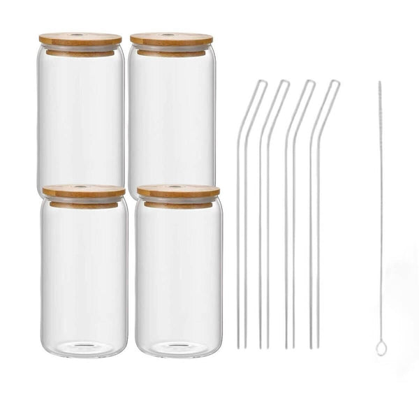 Perfect Dealz 4 Pieces Can Shaped Drinking Glass with Bamboo Lids and Glass Straw Set
