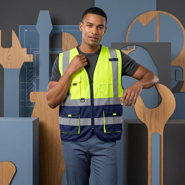 Pioneer Signaling Vest worn by a man, designed for visibility and safety in work environments.