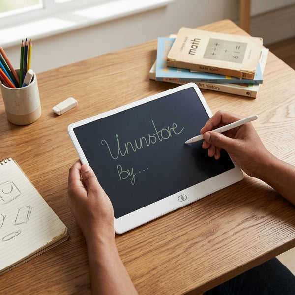 User writing on an LCD Writing Tablet Drawing Board with a stylus on a wooden desk.