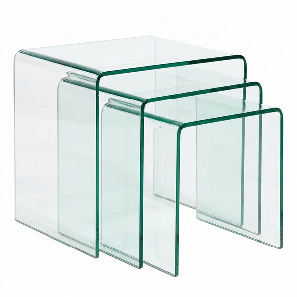3 Piece Nesting Coffee Table Set featuring sleek glass design for modern living room.