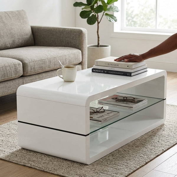 Arch High Gloss Coffee Table White with a glass shelf, modern living room centerpiece.