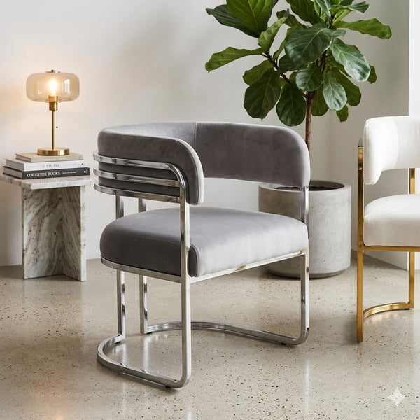 Luxury Tiffany Event and Dining Chair featuring a sleek grey velvet design and contemporary chrome accents in a stylish setting.