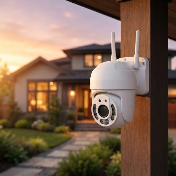 1080P HD Wireless Outdoor PTZ Security Camera mounted on a porch post with a house in the background.