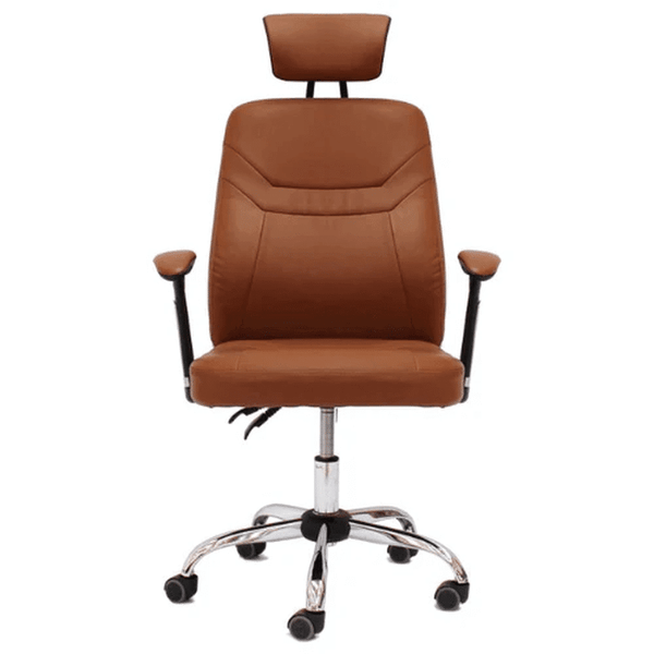 Comfort Executive Desk Chair in brown leather with adjustable headrest and chromed base for ergonomic support.