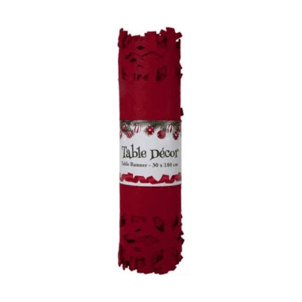 Festive Christmas Table Runner 30x180 cm rolled up, showcasing vibrant red color and festive design for holiday dining decor.