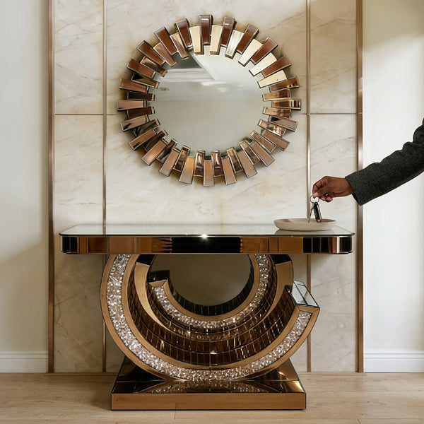 Mirror Console Storage Table Set with a stylish round mirror, adding decor and storage to an entryway or living room.
