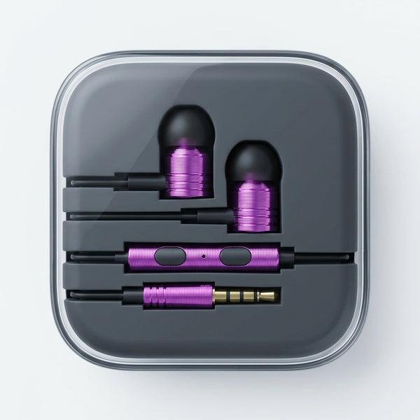 Compact True Wireless Bluetooth Earbuds in stylish purple charging case.