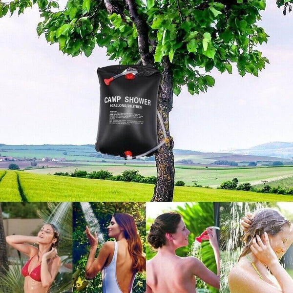 20L Outdoors Portable Water Shower Bag hanging on a tree for outdoor showering convenience in nature.