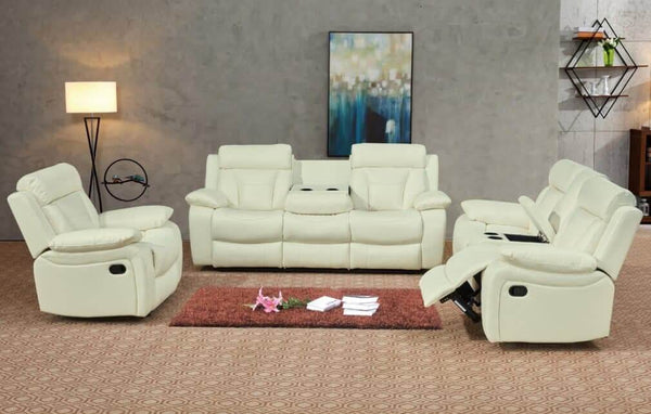 Lux Comfort Reclining Sofa in a cozy living room setup with light beige upholstery and a stylish decor.