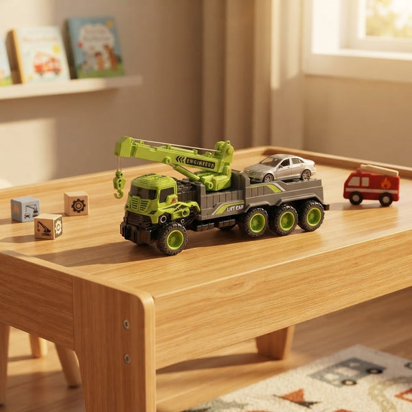 Alloy Rescue Vehicle Model Car Set displayed on a wooden table with toys including a crane and mini cars.