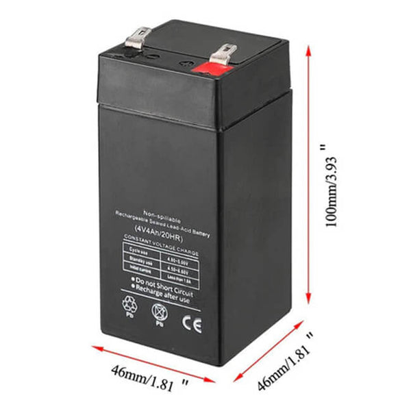 4V 4Ah Rechargeable Battery 20HR shown from multiple angles with dimensions for precise measurements.