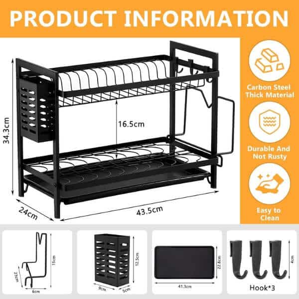 Perfect Dealz 2 Tier Stainless Steel Dish Drainer with Utensil Holder and Hooks