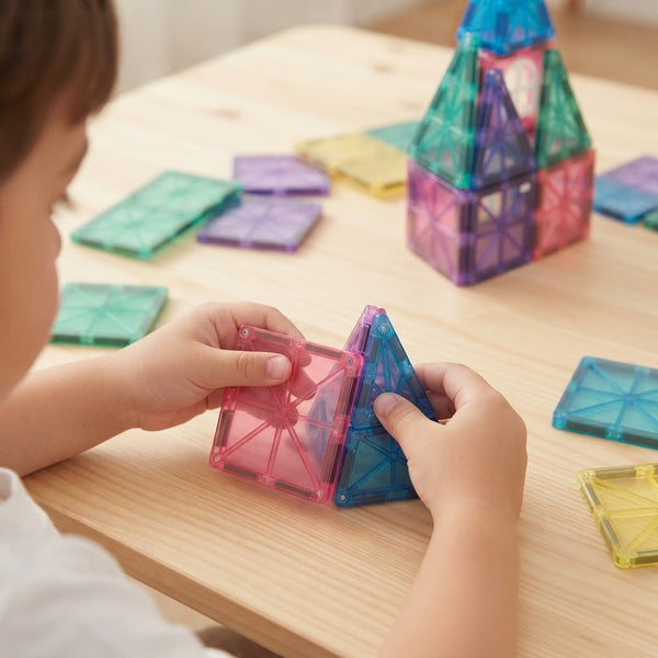 Child playing with 58-Piece Magnetic Diamond Building Blocks to create colorful geometric structures.