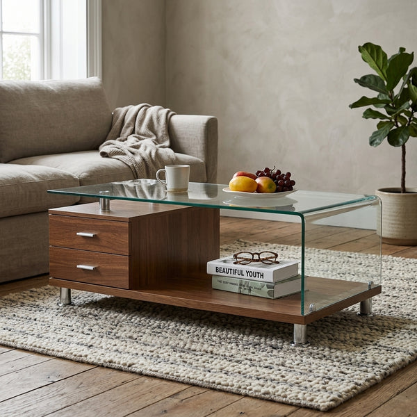 Glass Top Coffee Table with Drawers featuring a sleek design and practical storage in a modern living room.
