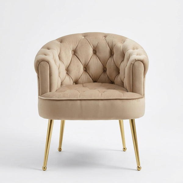 Luxury Tufted Velvet Barrel Dining Chair featuring a plush tufted design and golden legs.