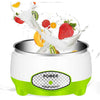 Yogurt Maker with vibrant fruits splashing into the bowl, showcasing homemade yogurt preparation.