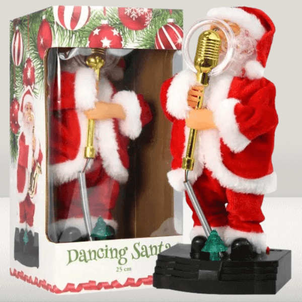 Festive Dancing Santa Room Decor 30cm in a colorful box, featuring a singing Santa with a gold microphone.