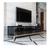 Living Room Modern Entertainment Unit TV Stand with sleek black design and gold accents in a contemporary lounge.