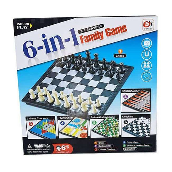 6 in 1 Family Board Game packaging featuring multiple classic board games for 2-4 players.