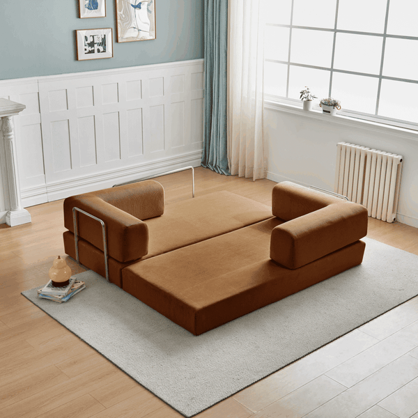 Modern Space-Saving Convertible Sofa Bed in a cozy living room setting, transformed into a full sleeping surface.