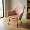 Modern Café Dining Chair in a stylish pink fabric with a brown leather cushion, perfect for contemporary spaces.