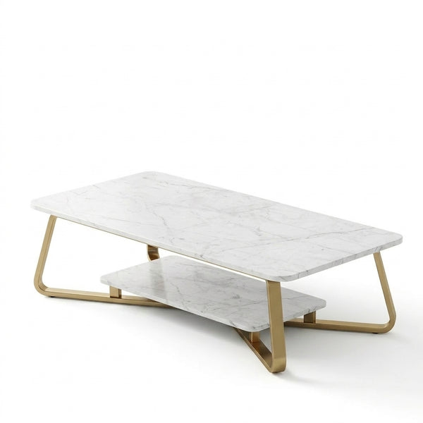 Modern 2-Tier Marble Coffee Table with Gold Frame
