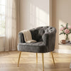 Luxury Tufted Velvet Barrel Dining Chair in grey velvet with gold legs, styled in a cozy dining room setting.