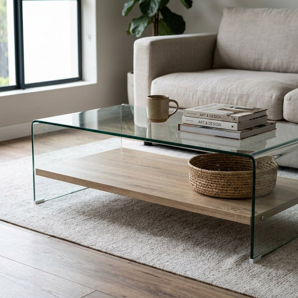 Tempered Glass Coffee Table with Oak Shelf featuring a sleek design and practical storage in a modern living room setting.