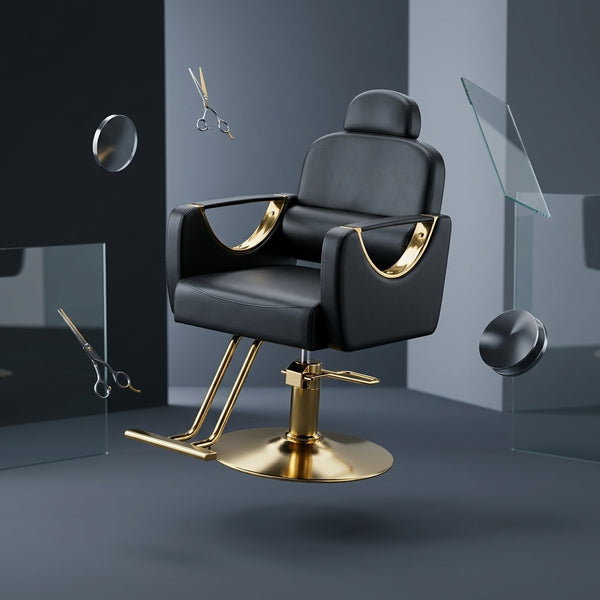 Reclining Hydraulic Salon Styling Chair with modern design in a salon environment, featuring black upholstery and gold accents.