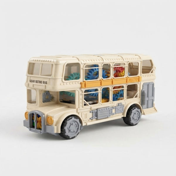 Electric Gear Retro Double-Decker Bus Toy showcasing interactive gears and classic design for imaginative play.