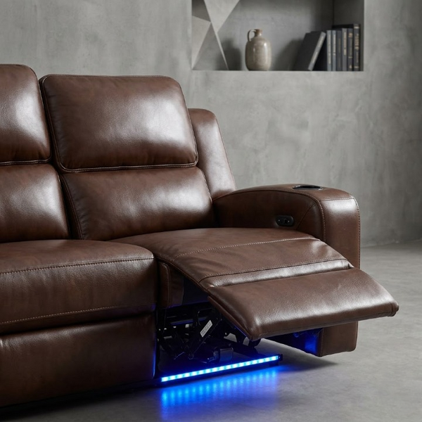 Ortho Power Recliner with reclining feature, stylish brown leather upholstery, and modern LED lighting.