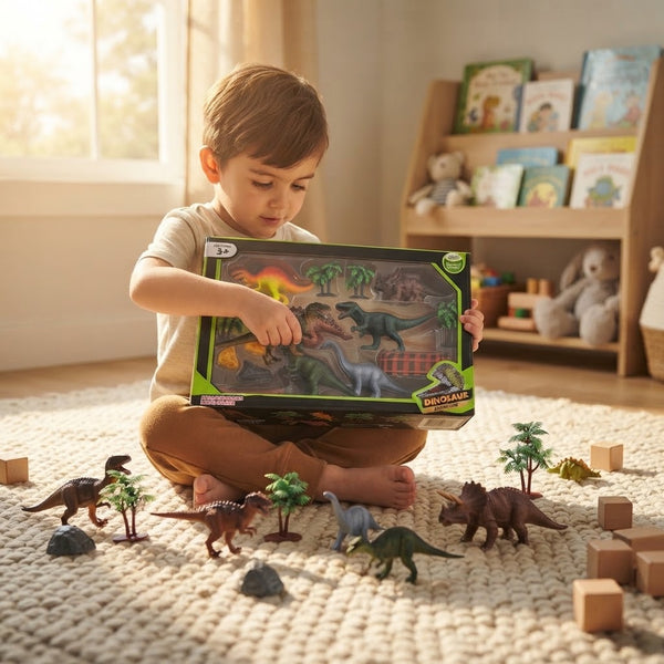 Child playing with the Dinosaur Adventure Playset Box, surrounded by dinosaur figures and accessories.