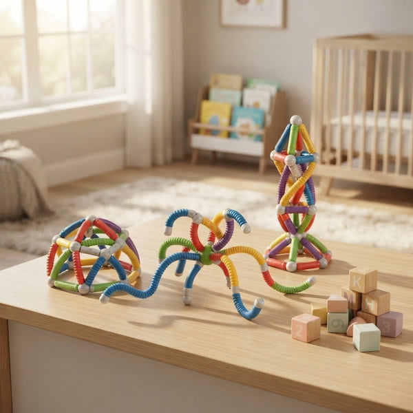 Colorful structures built with the 29-Piece Flexible Magnetic Building Rod Set on a wooden table.