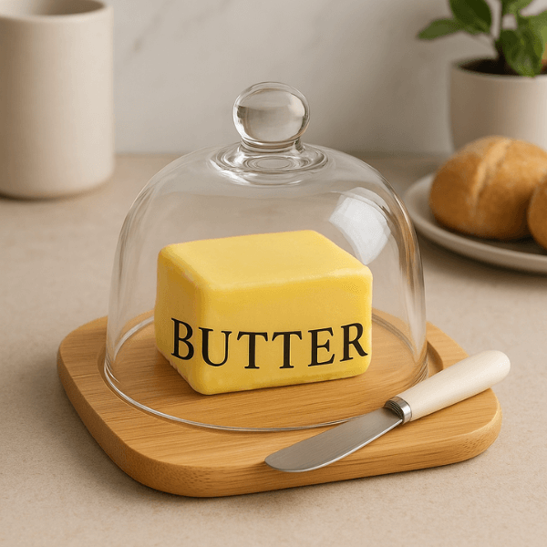 Perfect Dealz Wooden Butter Dish with Round Glass Lid and Knife