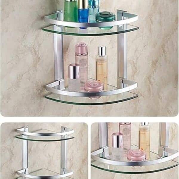 Perfect Dealz 2 Tier Wall Mounted Tempered Glass Corner Shelf with Aluminum Rail