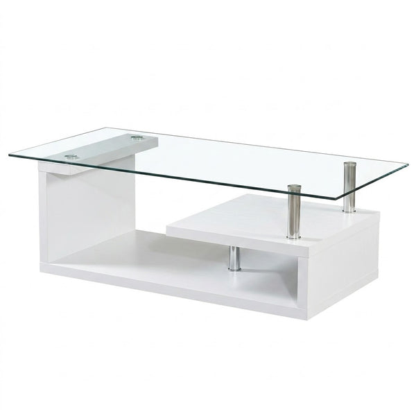 Tempered Glass Top Coffee Table with Oak Base featuring a modern design and clear glass top.