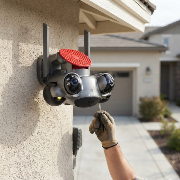 4-Lens PTZ Wi-Fi Security Camera Unit mounted on a wall with a hand adjusting it.