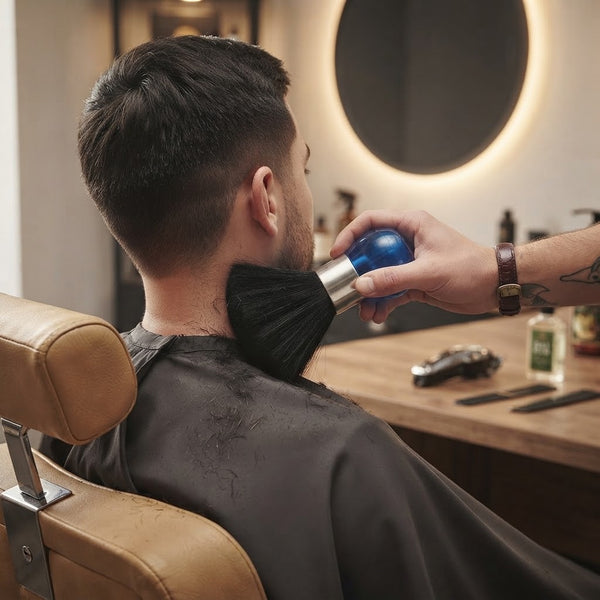 Using a Blue and Black Barber Neck Duster Brush on a client's neck in a barbershop setting.