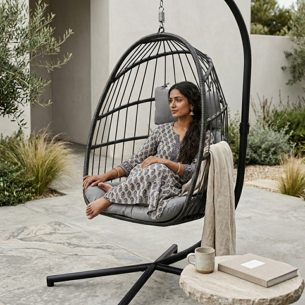 Steel Frame Hanging Egg Chair in a cozy outdoor setting with a woman relaxing in it.