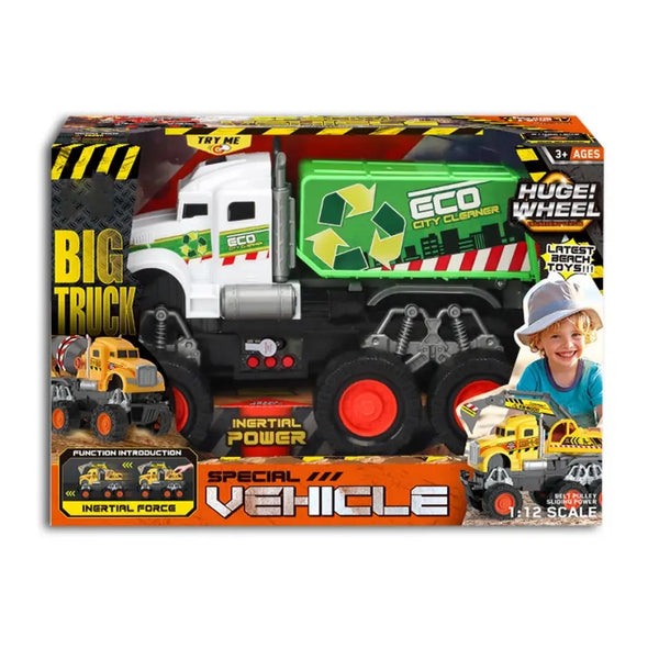 Friction Powered Eco City Garbage Truck packaging showcasing an eco-friendly toy with bright colors and large wheels.