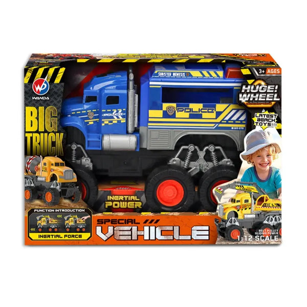 Big Police Monster Truck Toy in colorful packaging featuring a police-themed design and huge wheels for imaginative play.