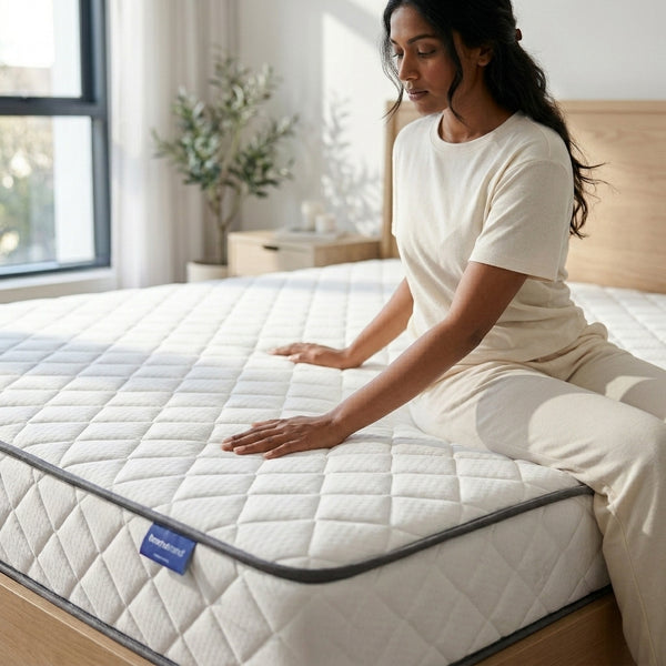 Woman sitting on the 1.5M Comfort Sleep Mattress, showcasing comfort and design in a modern bedroom.